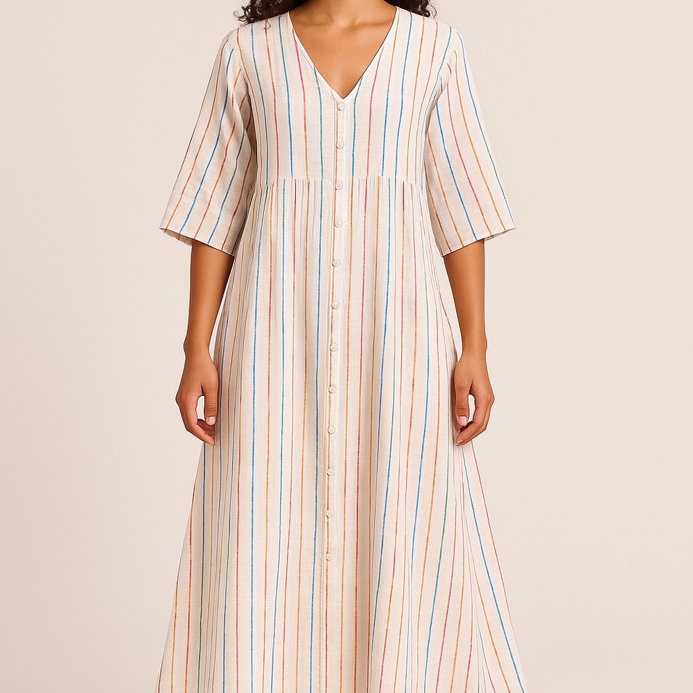 Vibrant Seasons Striped Button-Down Midi Dress | Size M